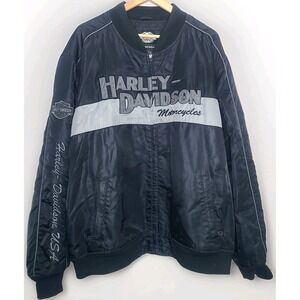 Harley Davidson Bomber Jacket Black Gray Embroidered Nylon Men's Size 2XL